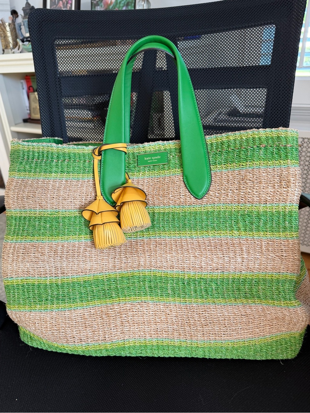 Kate spade straw bag green striped with yellow tassel